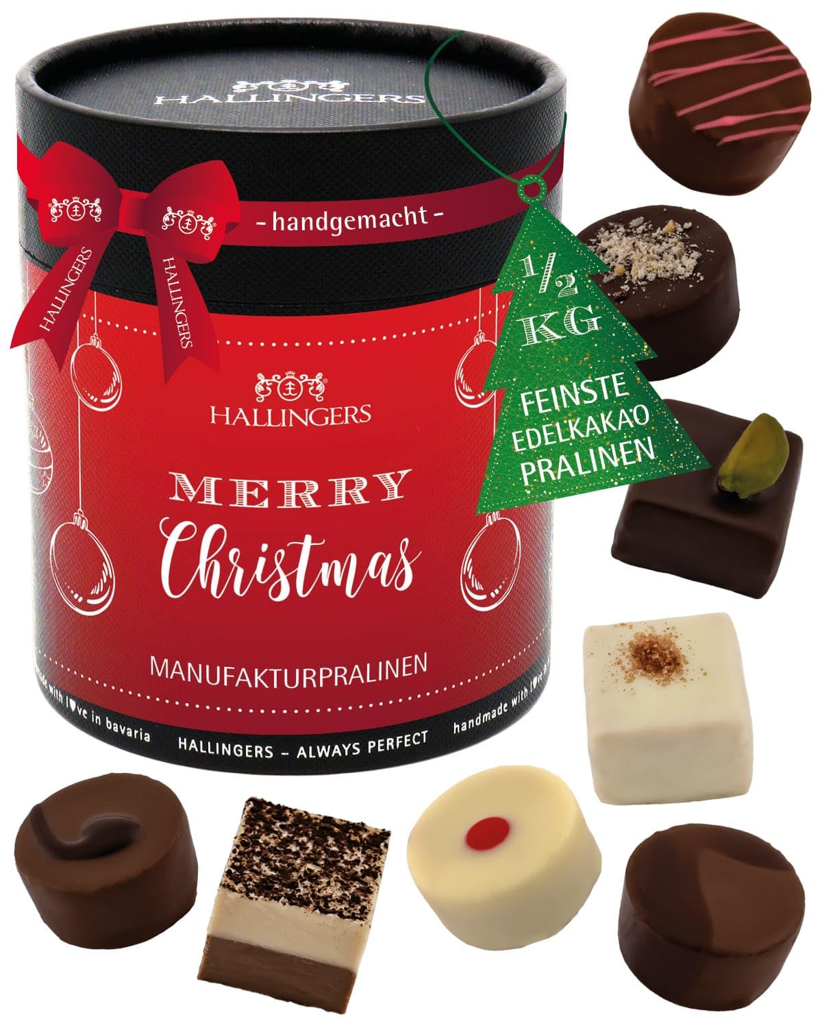 Hallingers Genuss Manufaktur Pralinen Weihnachts-Geschenk - ohne Alkohol, handmade aus Confiserie-Edelkakao in wertiger XXL-Geschenkdose "Merry Christmas", Weihnachten für Frauen Männer