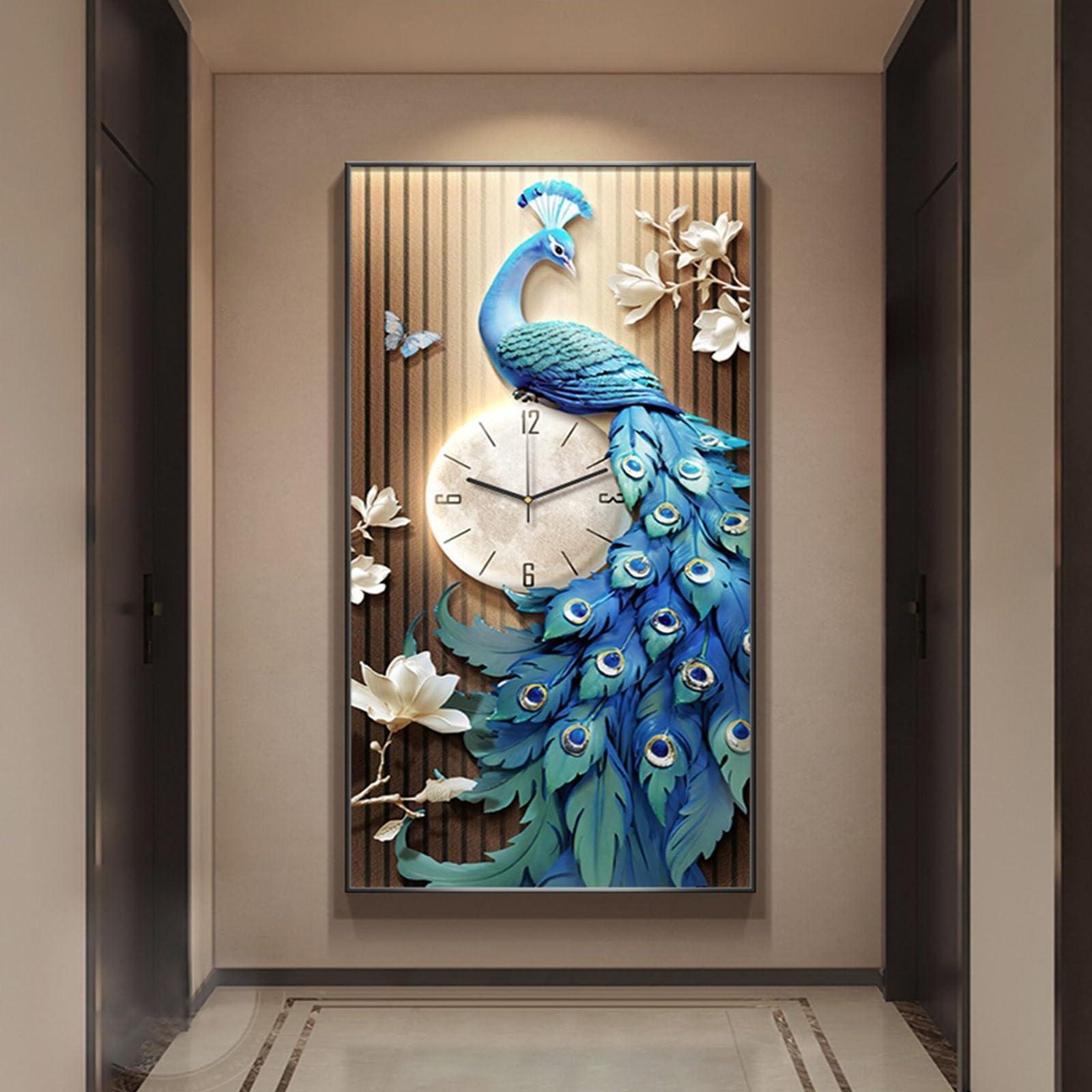 Dekoracyjny obraz z zegarem Dekoracja zegara ściennego Peacock z oświetleniem LED do salonu, 3D rzeźby ścienne, obraz wiszący na ścianie, nietykająca, cicha lampa ścienna, wisząca rzeźba, dekoracja La