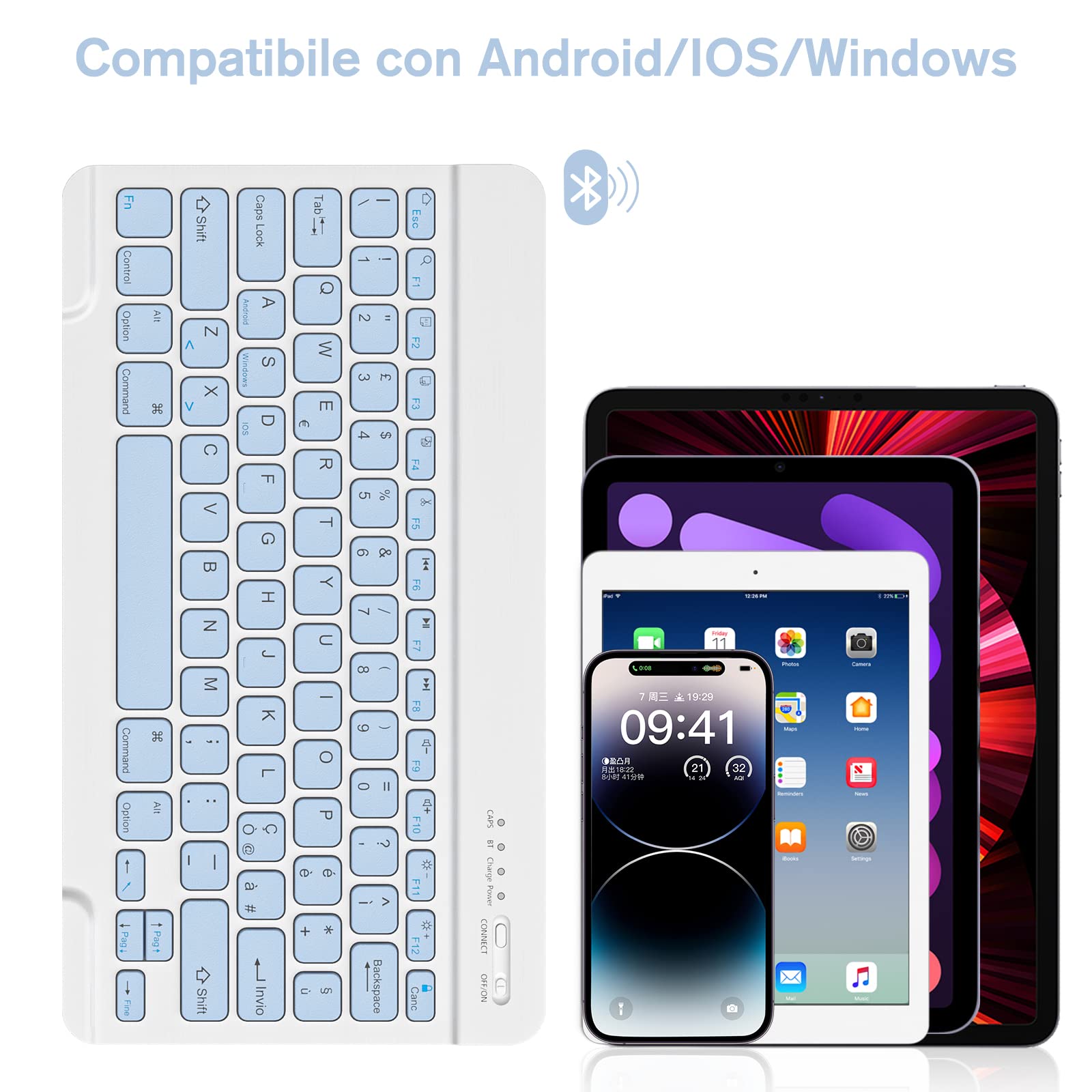 Tastiera Wireless Bluetooth Ricaricabile Ultra Sottile Universale Layout Italiano QWERTY per Tablet Samsung IOS Android Windows
