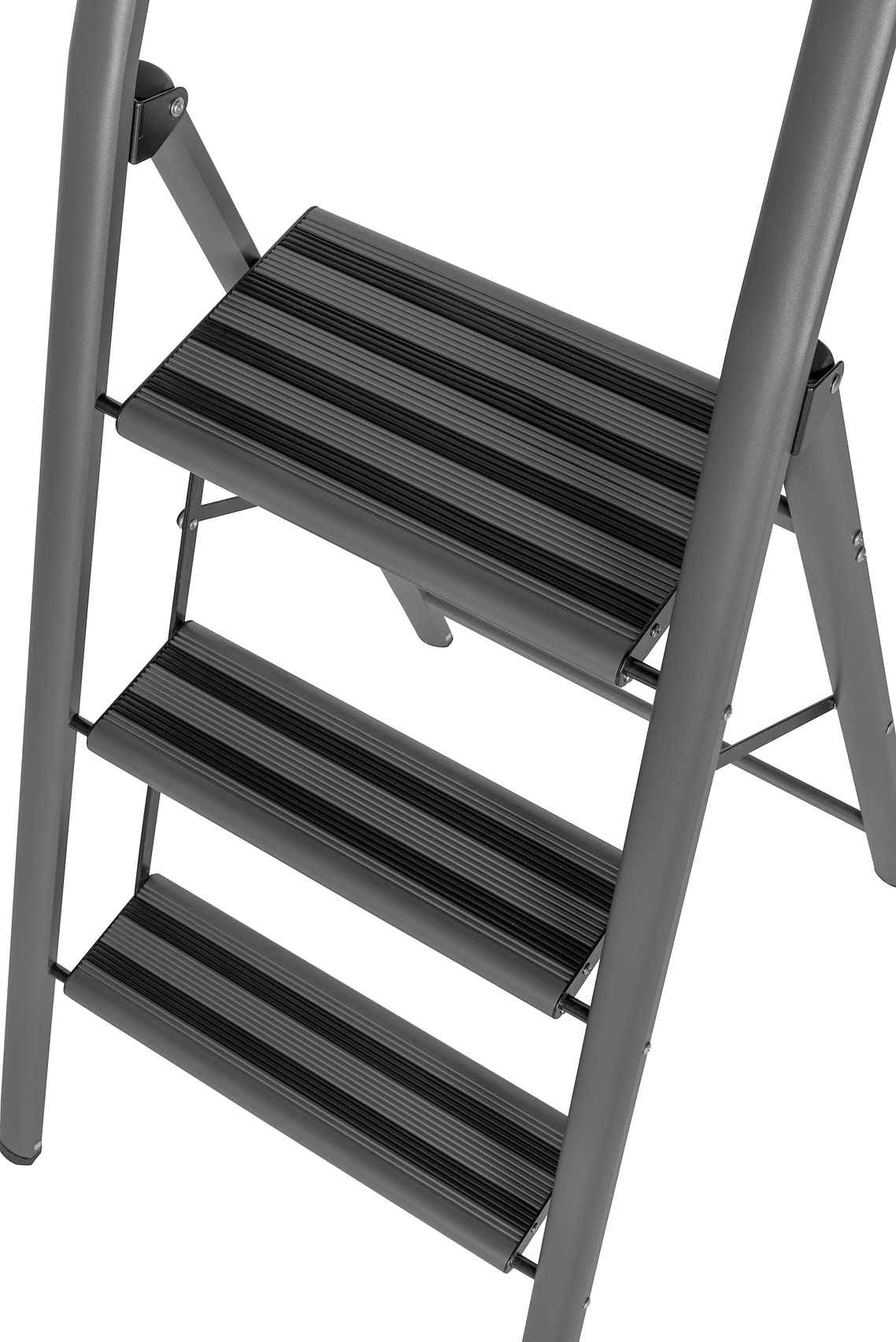 WENKO Leichte Aluminium Leiter Compact, 66 cm höher, Klapp-Trittleiter, 3 rutschsichere Stufen, Sicherheitsbügel & Haltegriff, 48 x 114,5 x 6 cm, Dunkelgrau