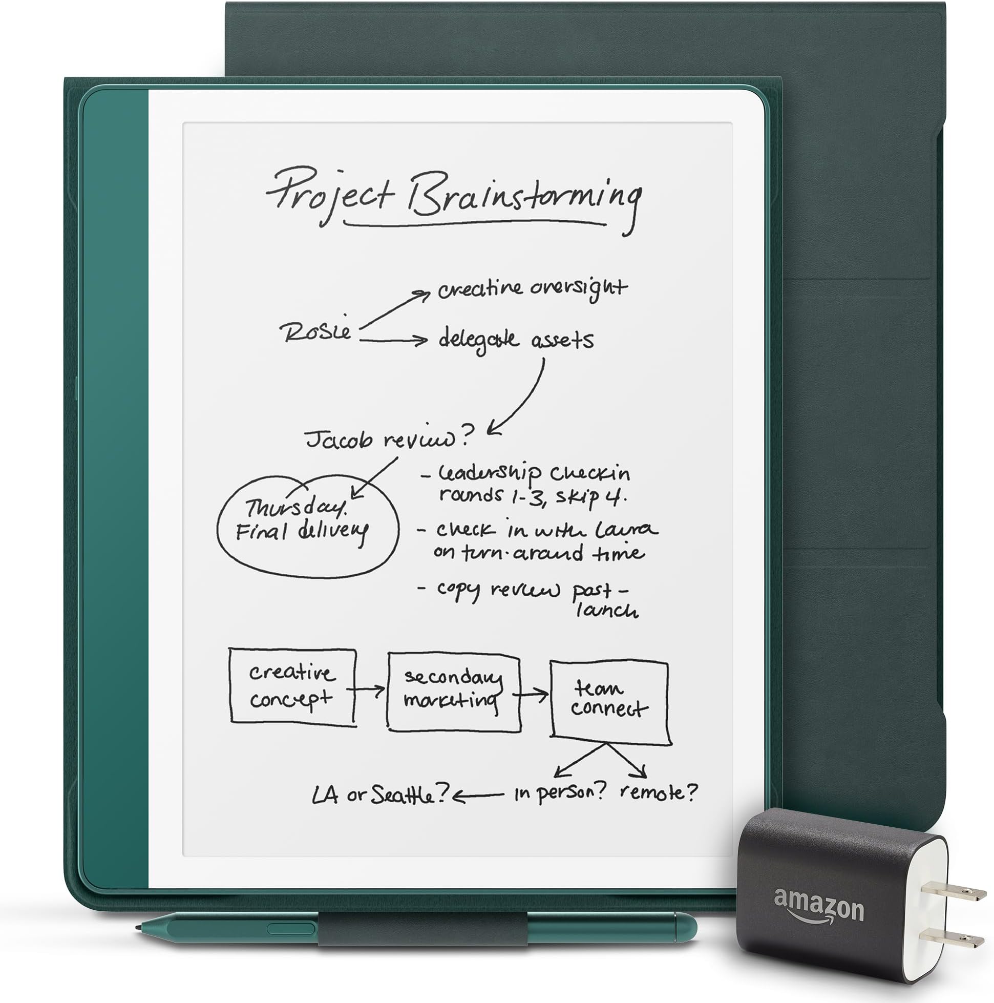 Amazon Kindle Scribe Essentials Bundle including Kindle Scribe (64GB) - Metallic Jade, Premium Pen, Premium Leather Folio-Dark Emerald, and Power Adapter