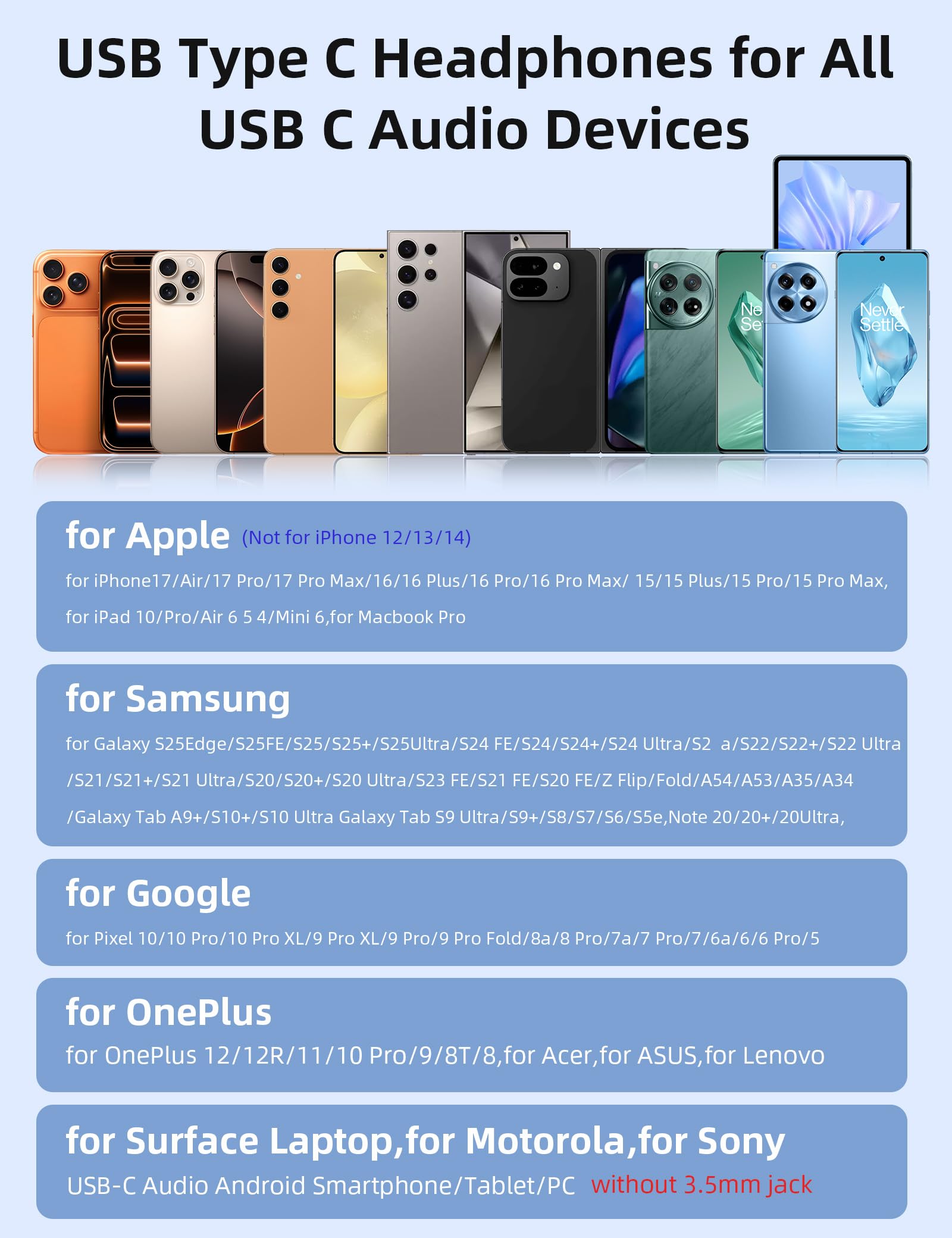 Słuchawki USB typu C z regulowanym hakiem szkolnym do iPhone'a 16 Pro Max 16e 15 Samsung S25 Edge S24 FE Android do iPada A16 11 Pixel 9a 9 8