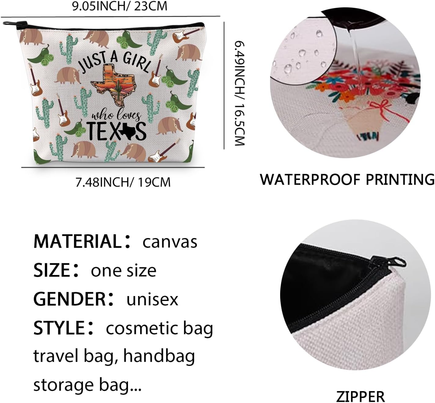 XYANFA Western Gift Canvas Makeup Bag Western City Lover Gift Cowgirl Canvas Zipper Pouch (Texxs makeup Bag) - Image 6