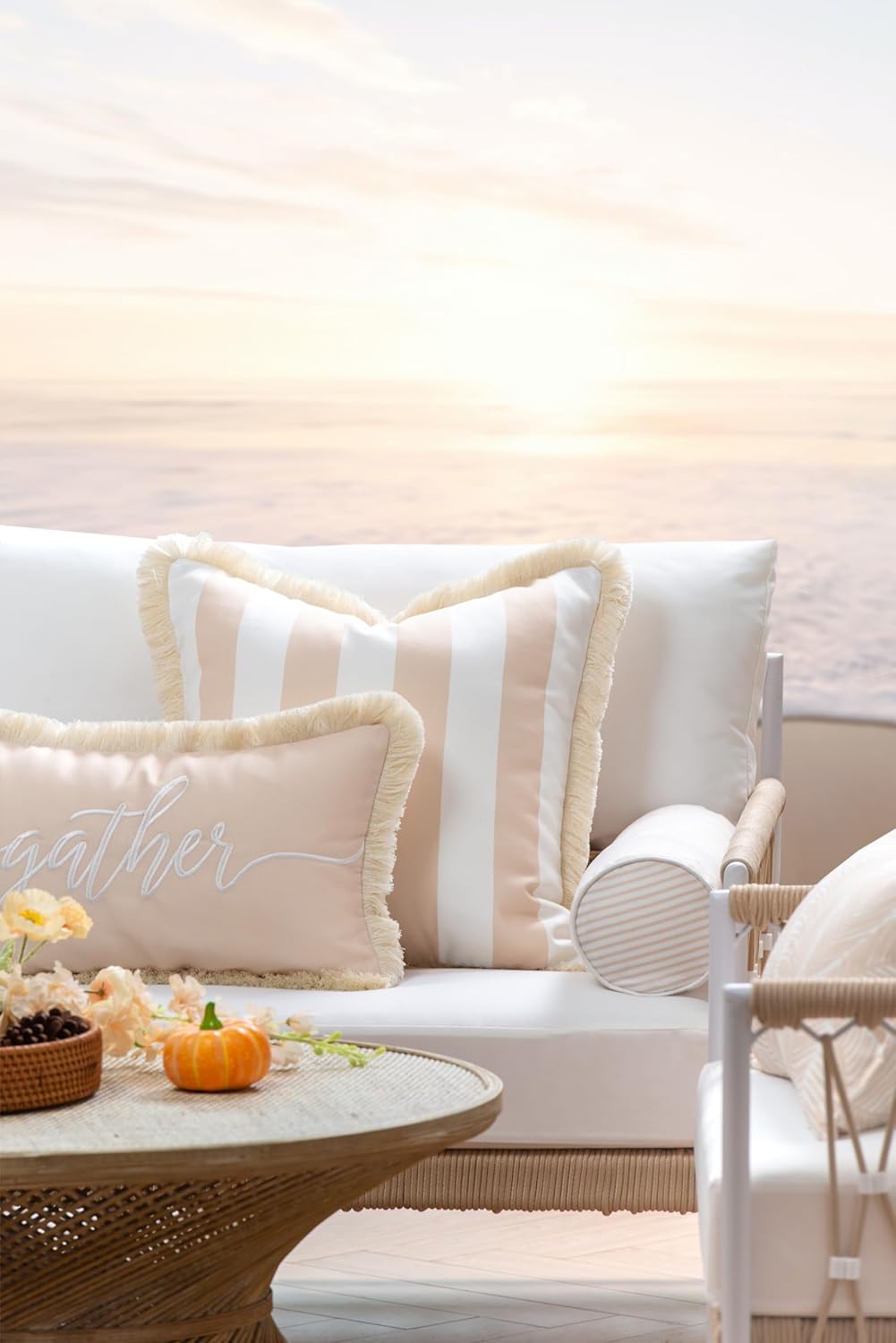 Hofdeco Premium Fall Coastal Patio Indoor Outdoor Lumbar Pillow Cover Only, 12"x20" Water Repellent for Backyard, Couch, Neutral Tan Embroidered Gather Fringe