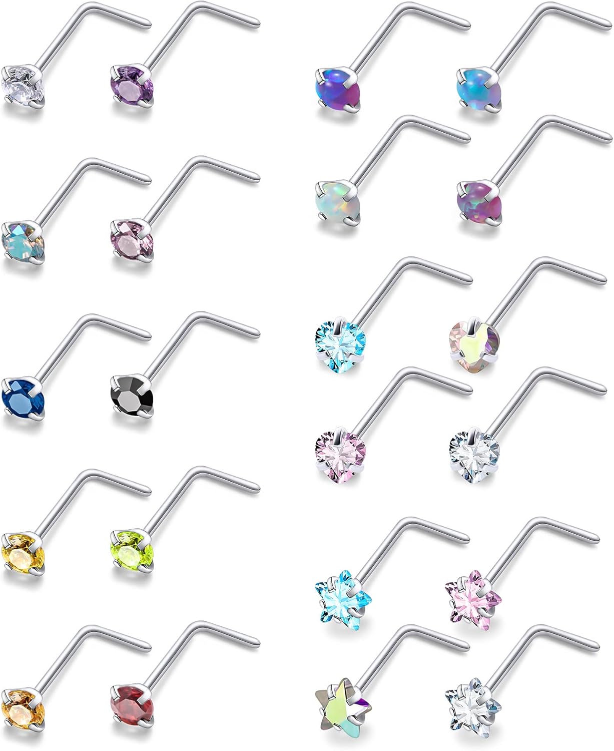 20/18g Nose Rings Studs Straight/L/Corkscrew Shape Bars Piercings Jewelry for Women Hypoallergenic Surgical Stainless Steel