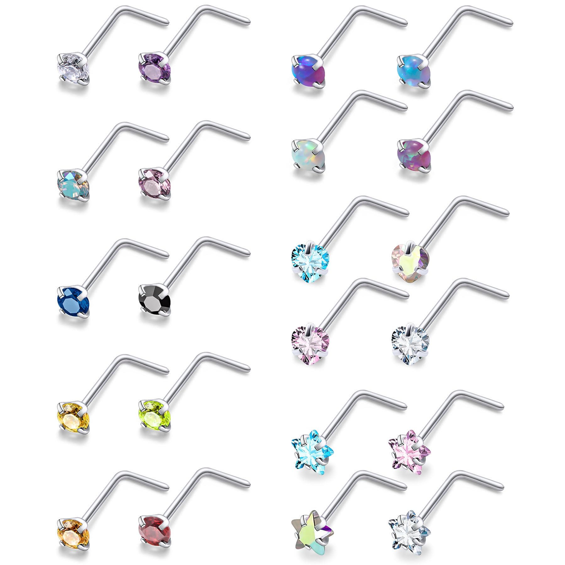 Oicctyzio 20/18g Nose Rings Studs Straight/L/Corkscrew Shape Bars Piercings Jewelry for Women Hypoallergenic Surgical Stainless Steel