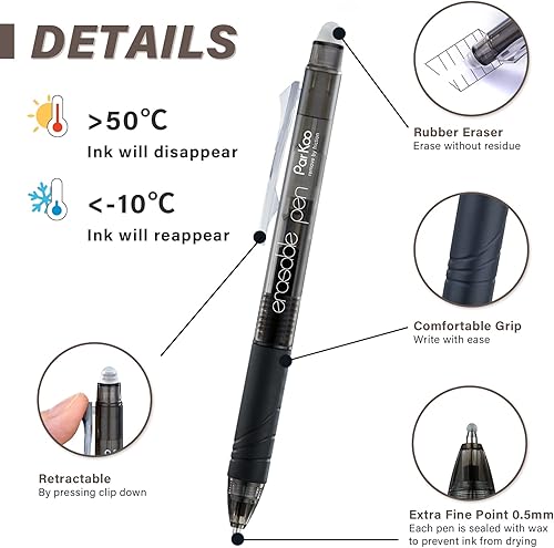 Miniatura 2 de ParKoo Bolígrafos de gel retráctiles borrables de punta fina de 0.028in, desaparece los errores, 3 bolígrafos de tinta negra3 azules con 4 recambios