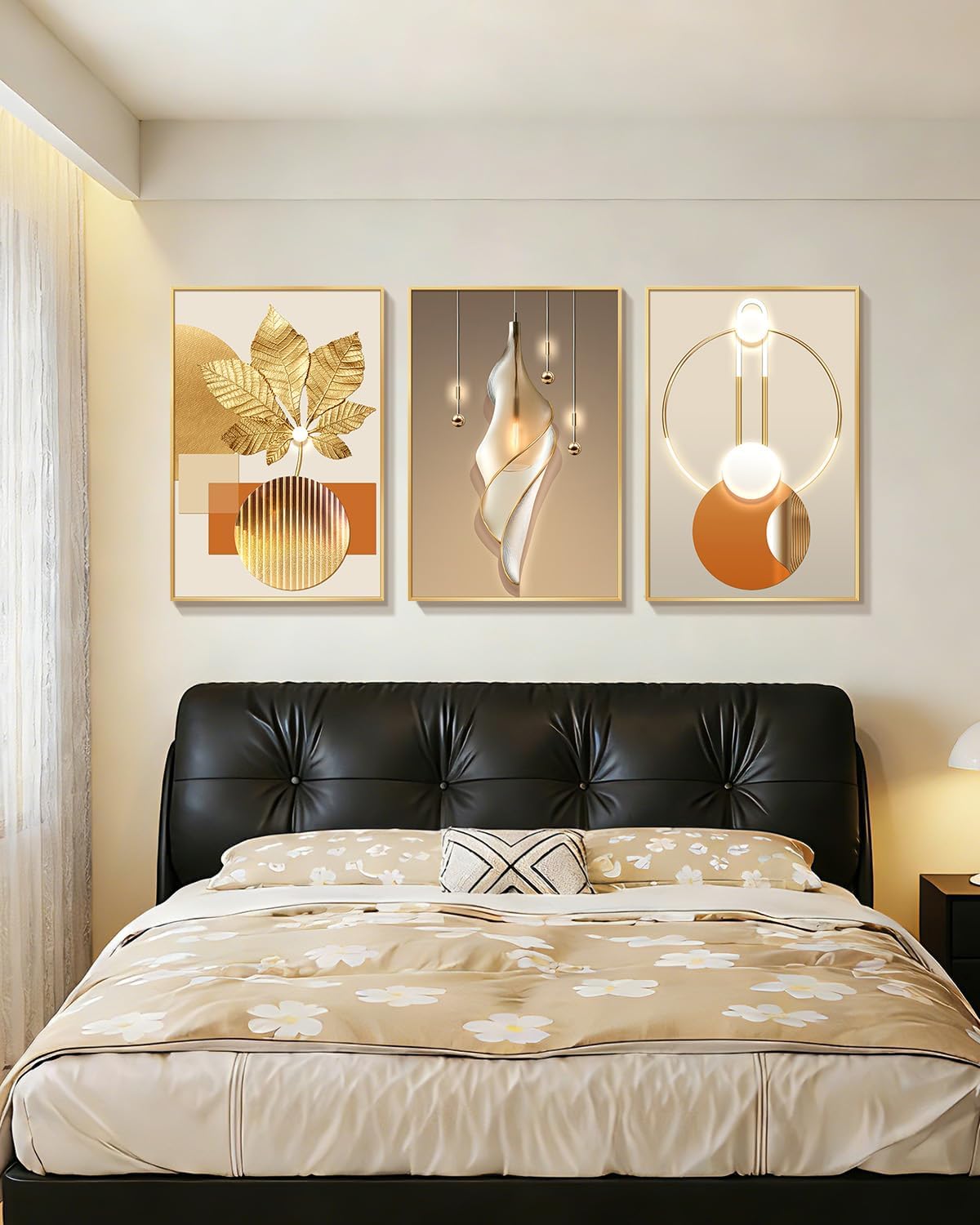 Azartslr Large Framed Modern Rose Gold Wall Art, Luxury 3 Pieces Aluminum Alloy Wall Decor for Living Room, Abstract Gold and Beige Home Bedroom Art Painting, Geometric Crystal Porcelain Artwork Dining Room Pictures Decoration 24x36in