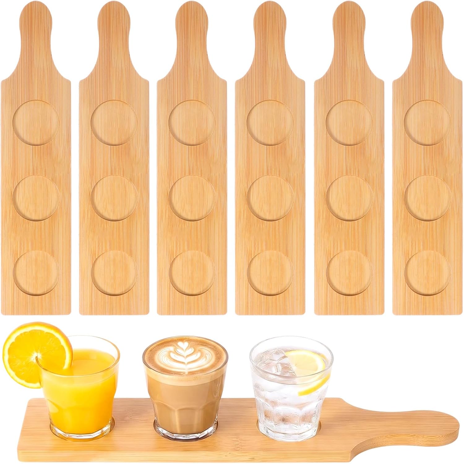 6 Pcs Flight Boards for Tasting Bulk, Natural Bamboo Wine Tasting Flight Boards with 3 Slots, 15" Beer Flight Board Serving Paddles for Whiskey, Bourbon, Wine, and Coffee Tasting