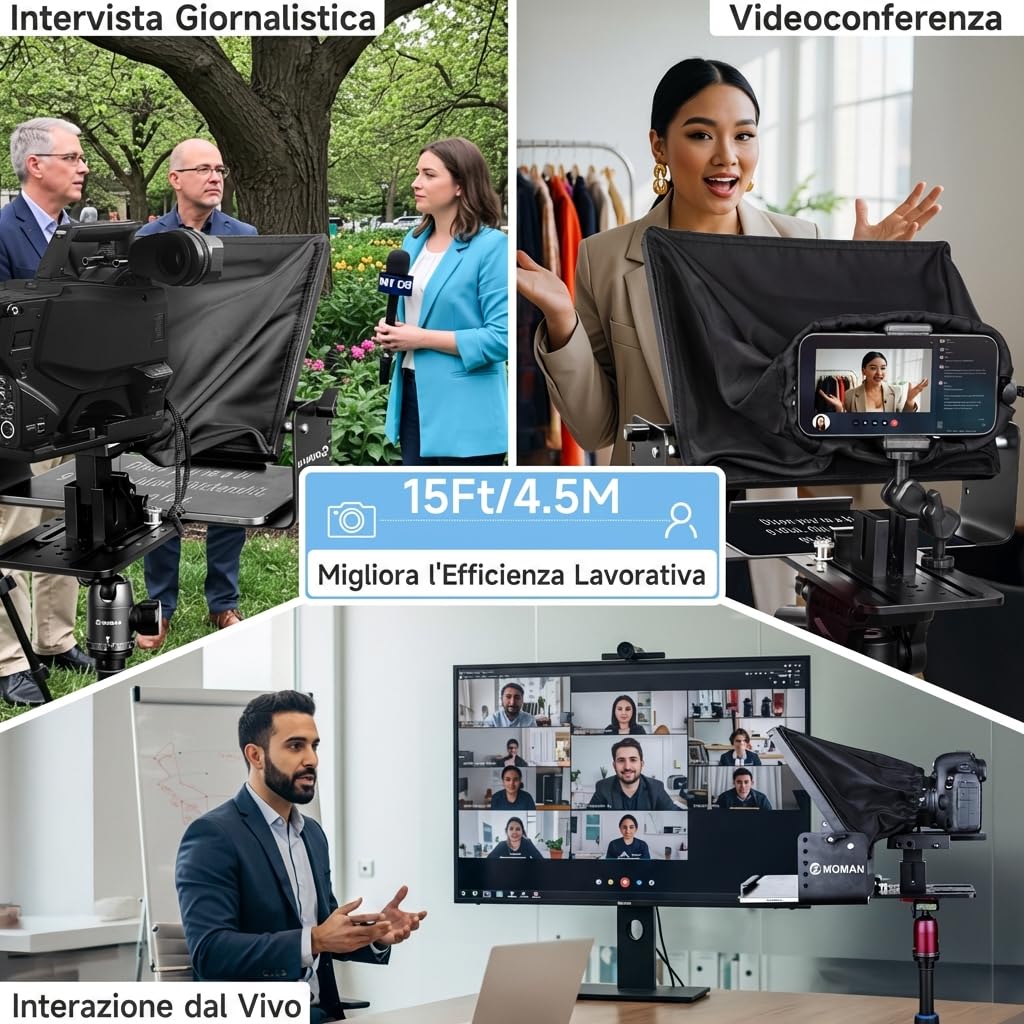 Moman MT12 Teleprompter 12.9 Pollici, Prompter Portatile con Telecomando APP e Controllo Remoto, Compatibile con iPad, iPhone, Tablet, Smartphone, Fotocamera DSLR (Supporto Metallico Regolabile)
