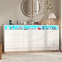 Vista 9 de Cómoda de 9 cajones con toma de corriente, cómoda moderna blanca con luces LED, cómodas de madera con soporte para TV, organizador de cómodas dobles