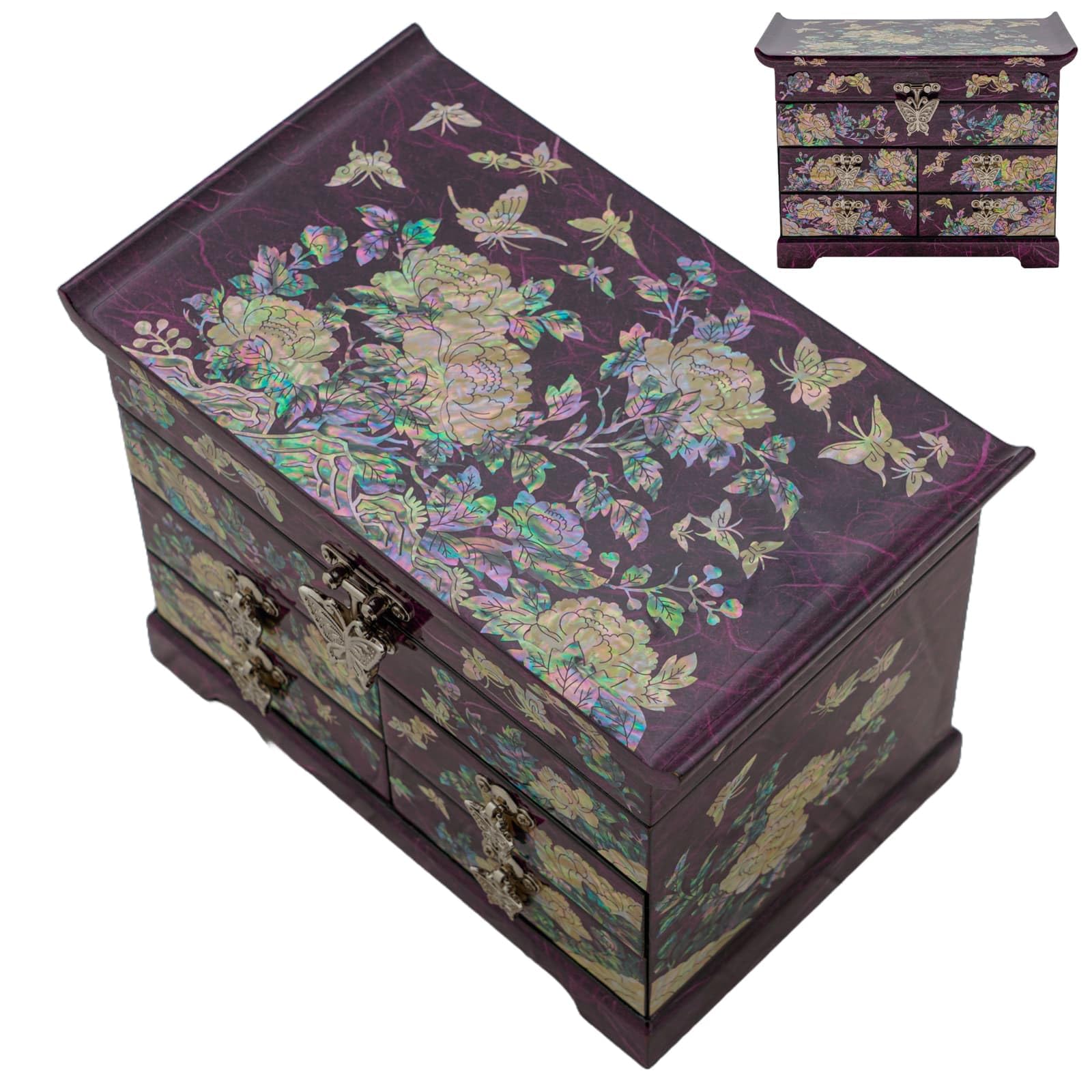 February Mountain Mother of Pearl Wooden Jewelry Organizer Box – Jewelry Storage Box for Women, Features Spacious Drawers, Ideal for Rings, Bracelets, Watches, Chains, Accessories (Peony_Purple)