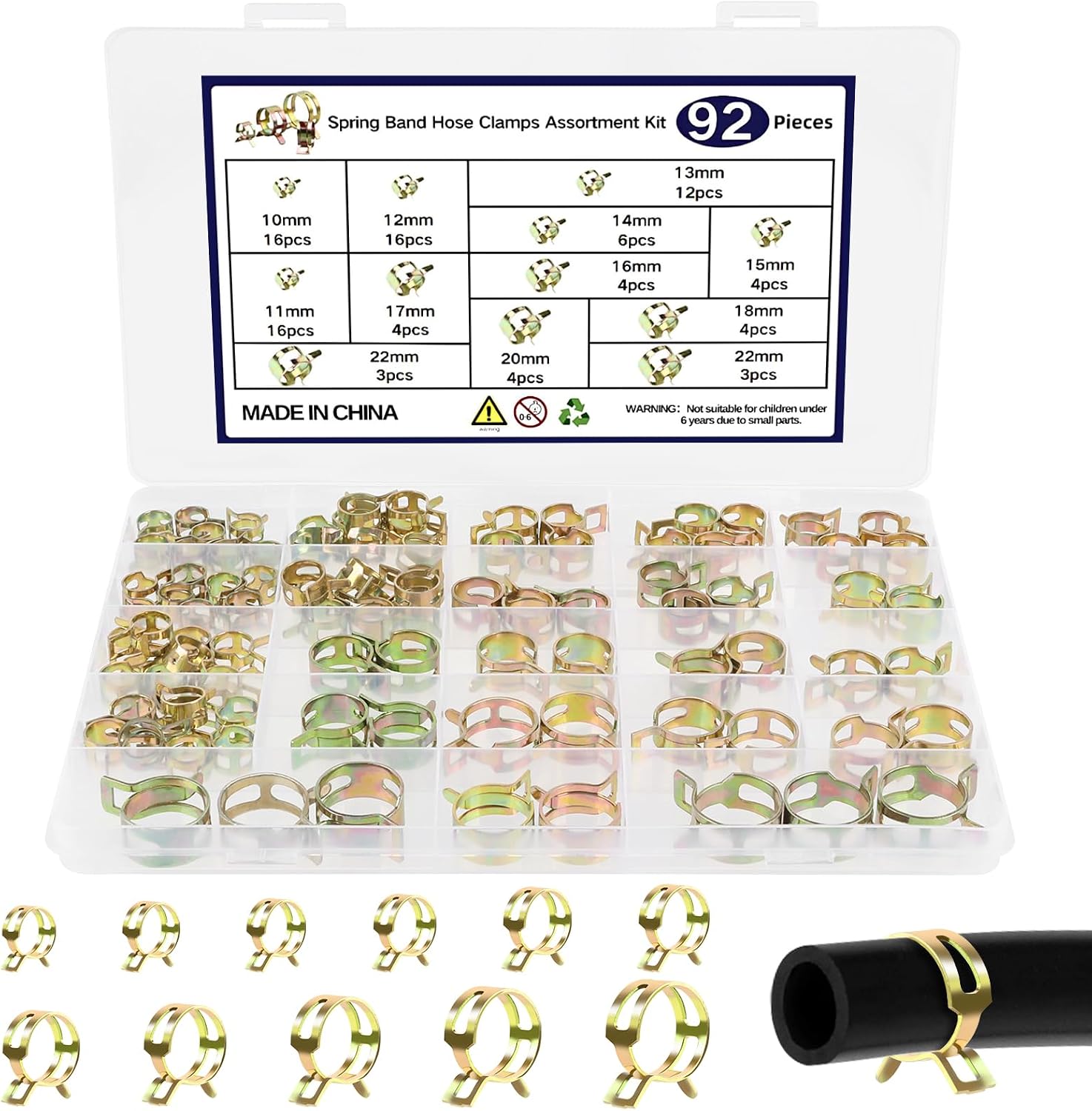 Spring Band Hose Clamps Assortment, 92Pcs 11 Sizes Fuel Line Hose Clamps 10mm 11mm 12mm 13mm 14mm 15mm 16mm 17mm 18mm 20mm 22mm Low Pressure Air Clip Clamp for Silicone Vacuum Hose Clamp