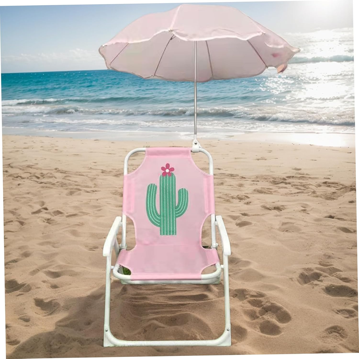 Kids Beach Chair with Outdoor Umbrella Baby Beach Chair with Cactus Pattern Folding Lightweight and Sturdy Infant Seaside Seat for Camping, Travel, Lawn
