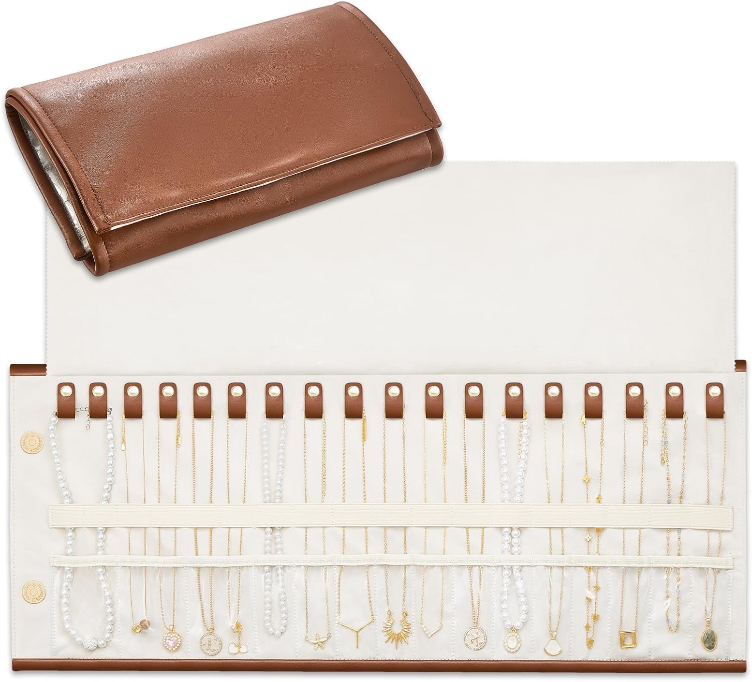 Lolalet Travel Necklace Organizer, Tangle-Free Necklace Case for Travel, Leather Foldable Roll Up Jewelry Storage Bag for Necklaces Chains Bracelets -Caramel, 12 Slots Holder