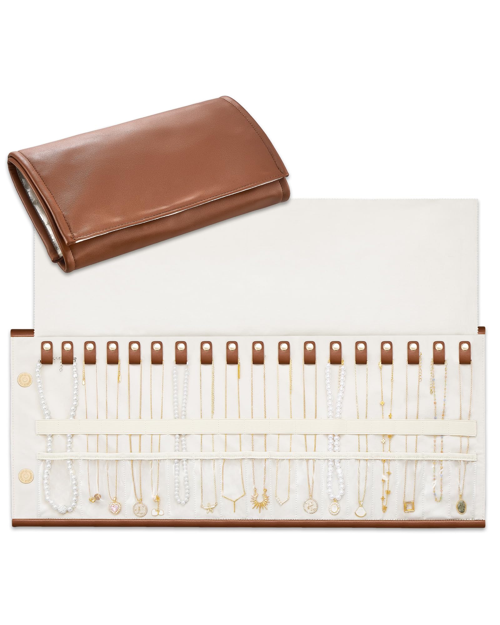 Lolalet Travel Necklace Organiser, Tangle-Free Necklace Case for Travel, Leather Foldable Roll Up Jewellery Storage Bag for Necklaces Chains Bracelets -Caramel, 18 Slots Holder