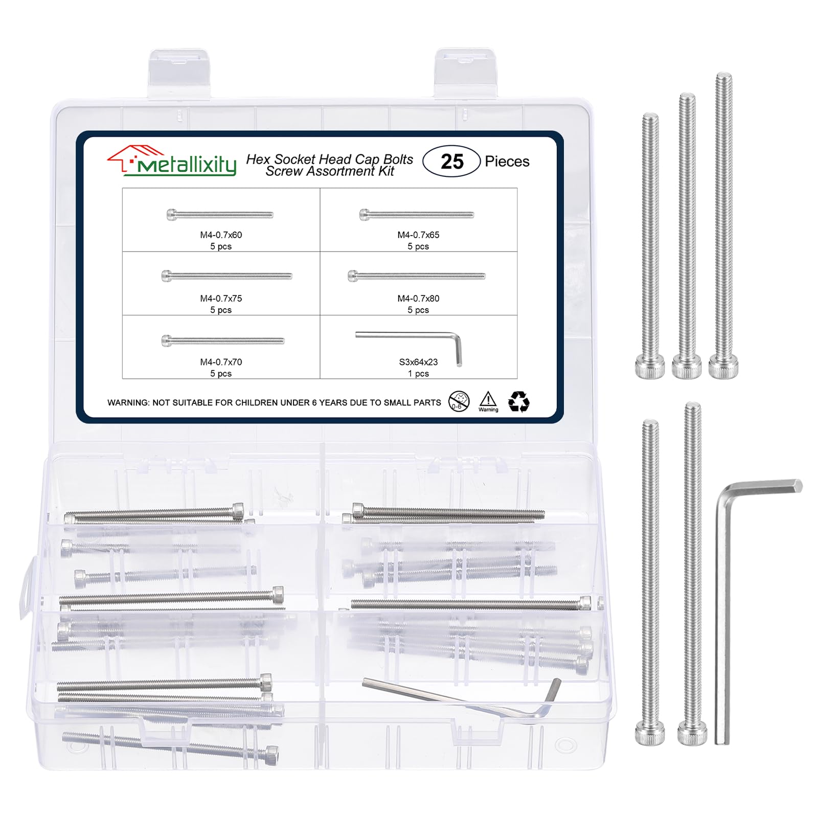METALLIXITY Socket Head Cap Screws Kit (M4x60/65/70/75/80) 25Pcs, Stainless Steel Allen Socket Drive - Machine Internal Hex Screw, Silver — image 1
