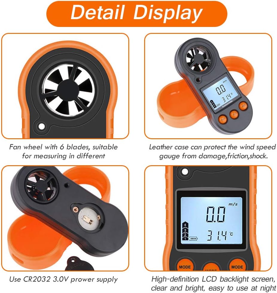 PiscatorZone Pocket Anemometer Handheld Mini Wind Speed Temperature Gauge with Thermometer LCD Backlight for Windsurfing Kite Flying Sailing Surfing Fishing