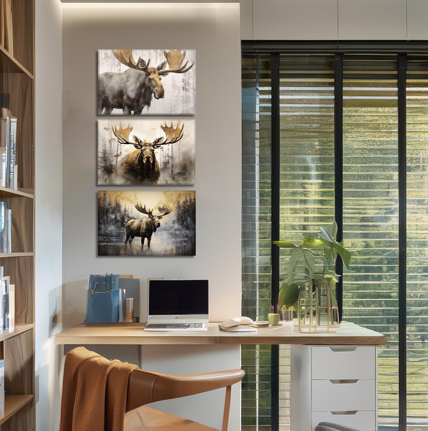 Moose Wall Art 3 Piece Wildlife Canvas Prints Rustic Forest Wilderness Animal Painting Deer Pictures for Home Cabin Wall Decor Framed(Deer-4,11.00"x14.00"x3P)