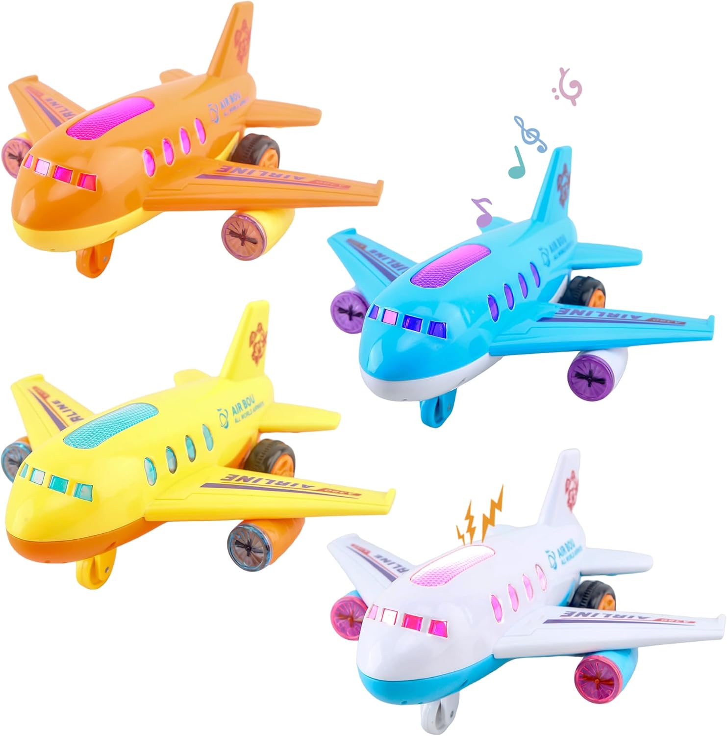 4 Pack Light Up Airplane Toys Friction Powered Push Airplane Toy with Lights and Sounds for Kids Birthday Christmas Children's Day Gift Early Educational Toys
