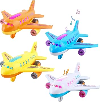 4 Pack Light Up Airplane Toys Friction Powered Push Airplane Toy with Lights and Sounds for Kids Birthday Christmas Childrens Day Gift Early Educational Toys