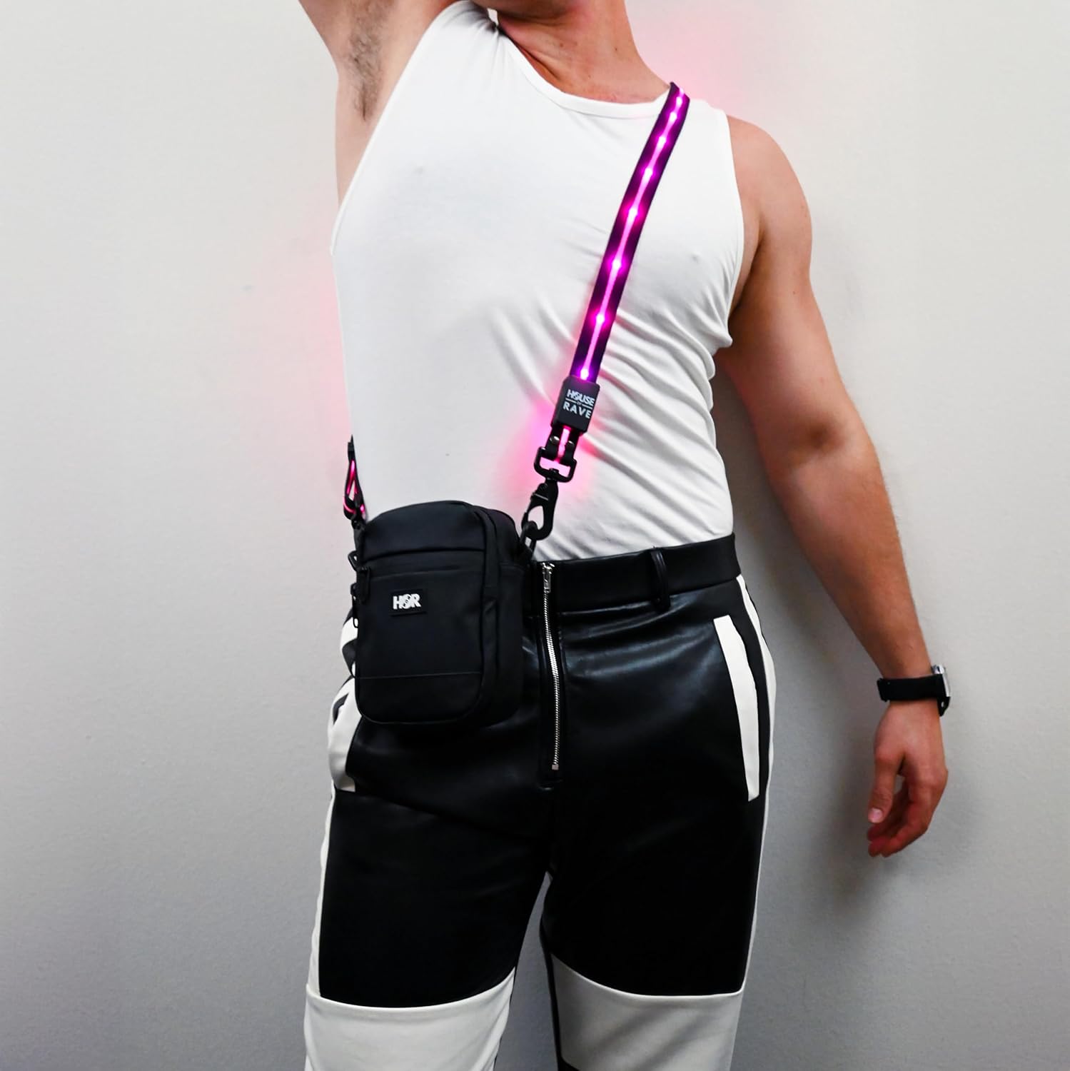 Canvas LED Strap Bag - LED Crossbody or Fannypack (2 Ways to Wear) - Light up Festival Bag for Women & Men - LED Rave Bag, Black
