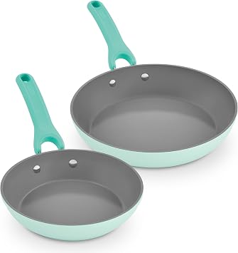Dash Dream Green Recycled Aluminum Cookware Set - Ceramic-Coated Nonstick and Induction Compatible - Lightweight Kitchen Essentials with Silicone Handles - Aqua, 8-Inch and 10-Inch