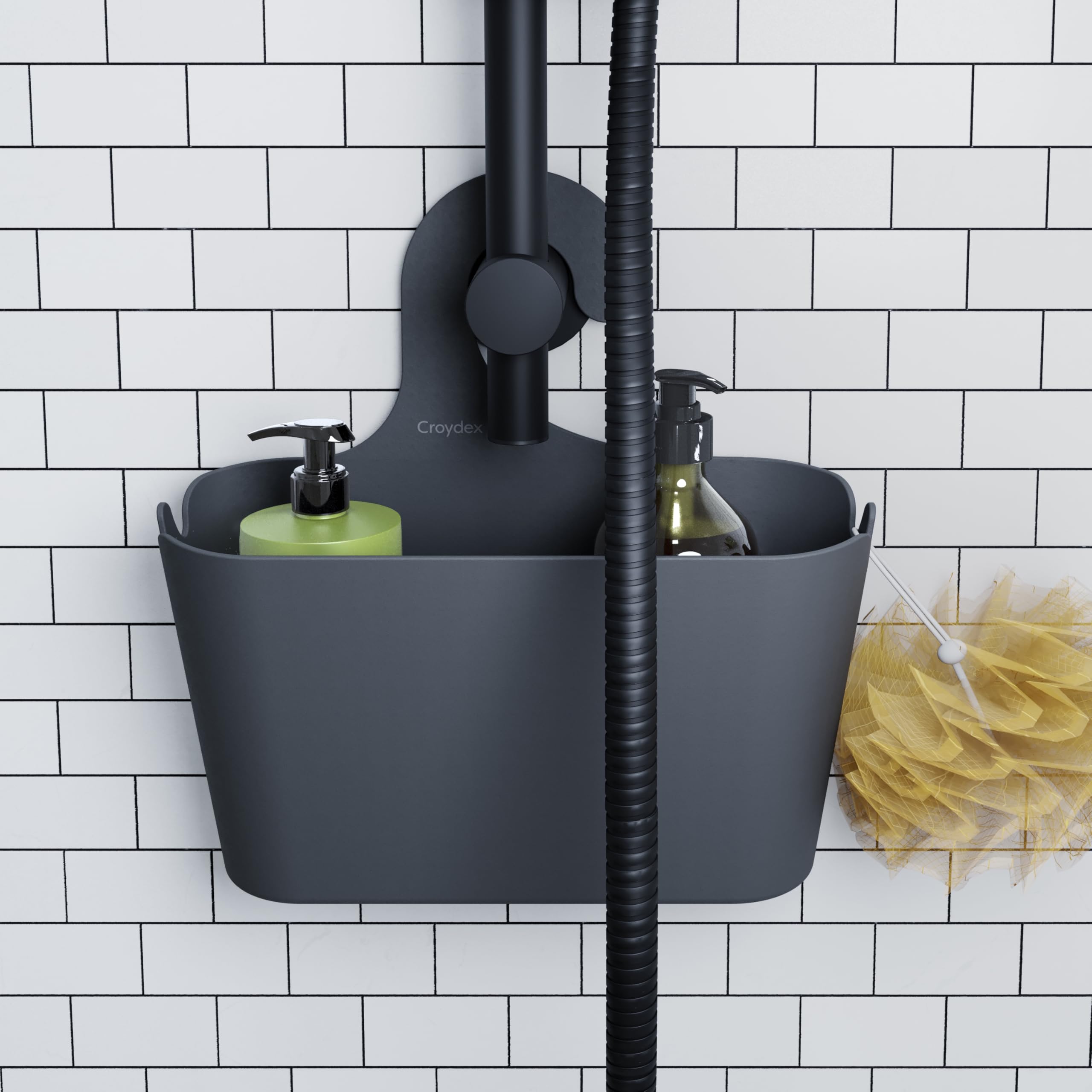 Grey Shower Caddy Hanging Storage - Bathroom Accessories for Renters, No Drill Solution, Self-Draining Holes and Easy to Clean - 26 x 26 x 8.5 cm