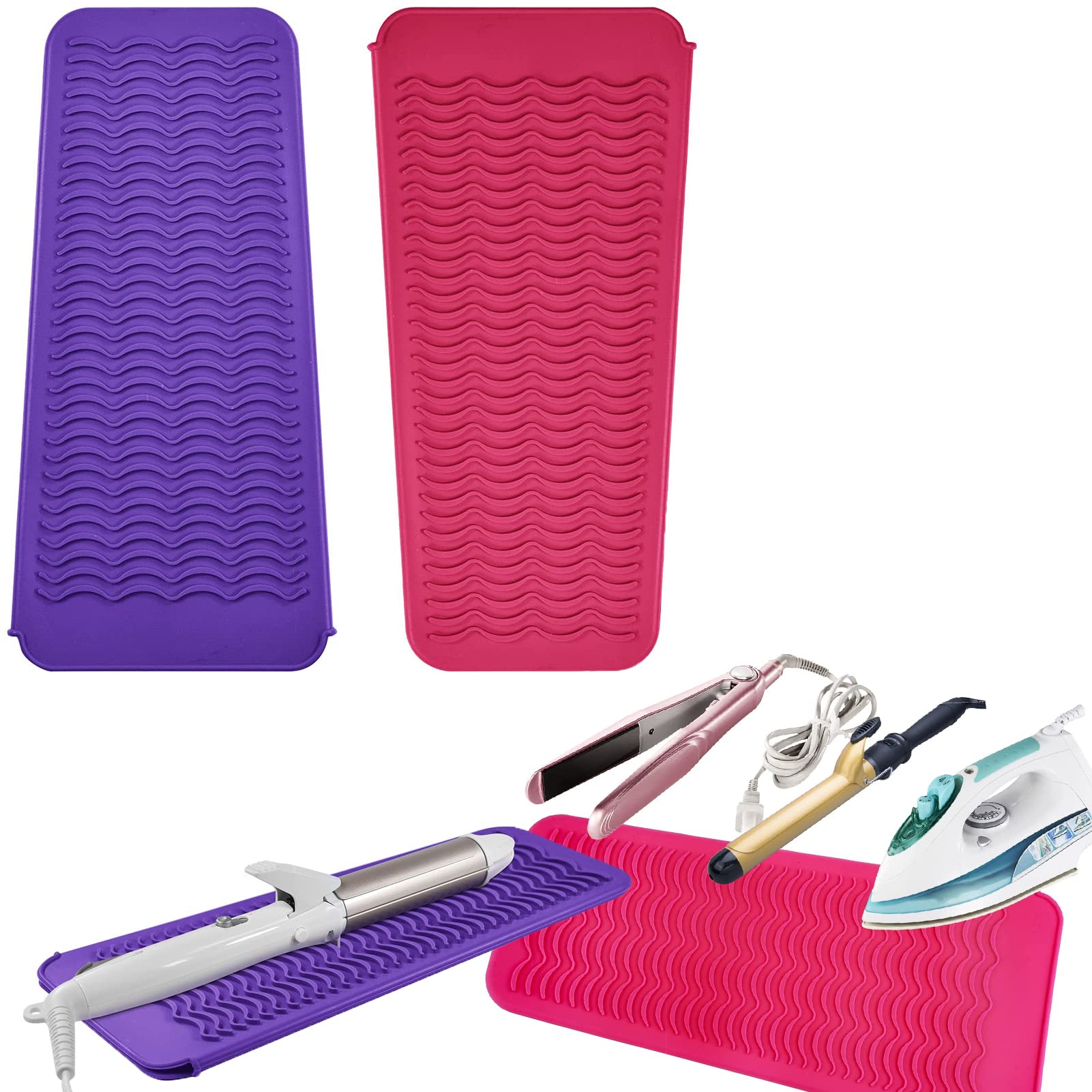 KASTWAVE Silicone Heat Resistant Travel Mat Pouch for Hair Straightener, Crimping Iron, Hair Curling Iron, Flat Iron, Hair Waving Iron and Hair Styling Tools (2 Pack, Purple & Hot Pink)