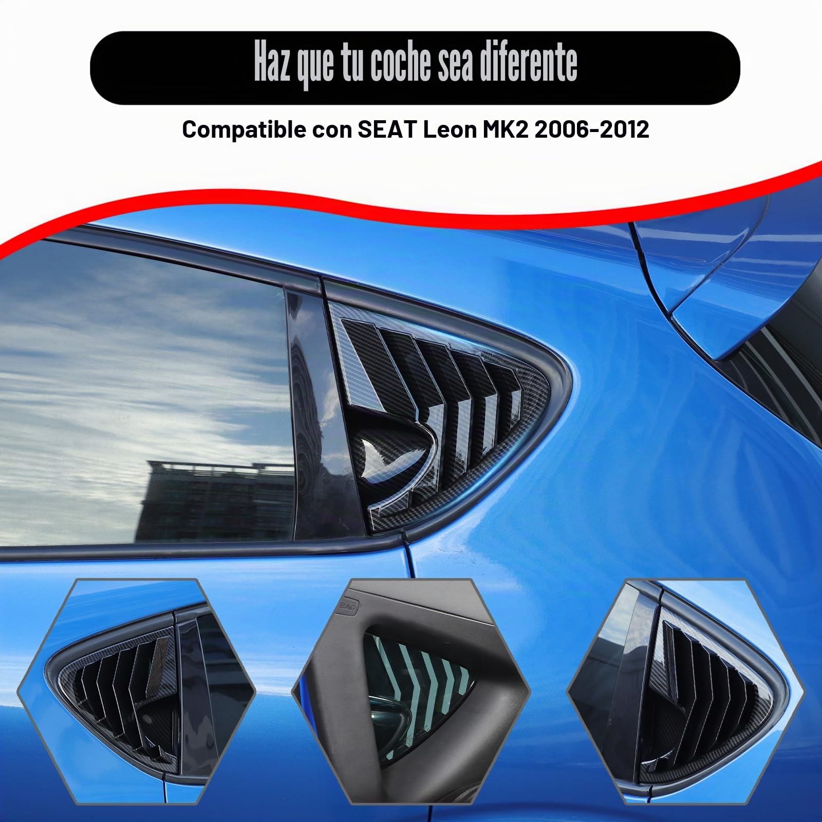 Decoración de ventana triangular para puerta de vidrio lateral trasera de coche con persiana de louvers ABS para SEAT Leon MK2 2008-2012 (patrón de fibra de carbono)