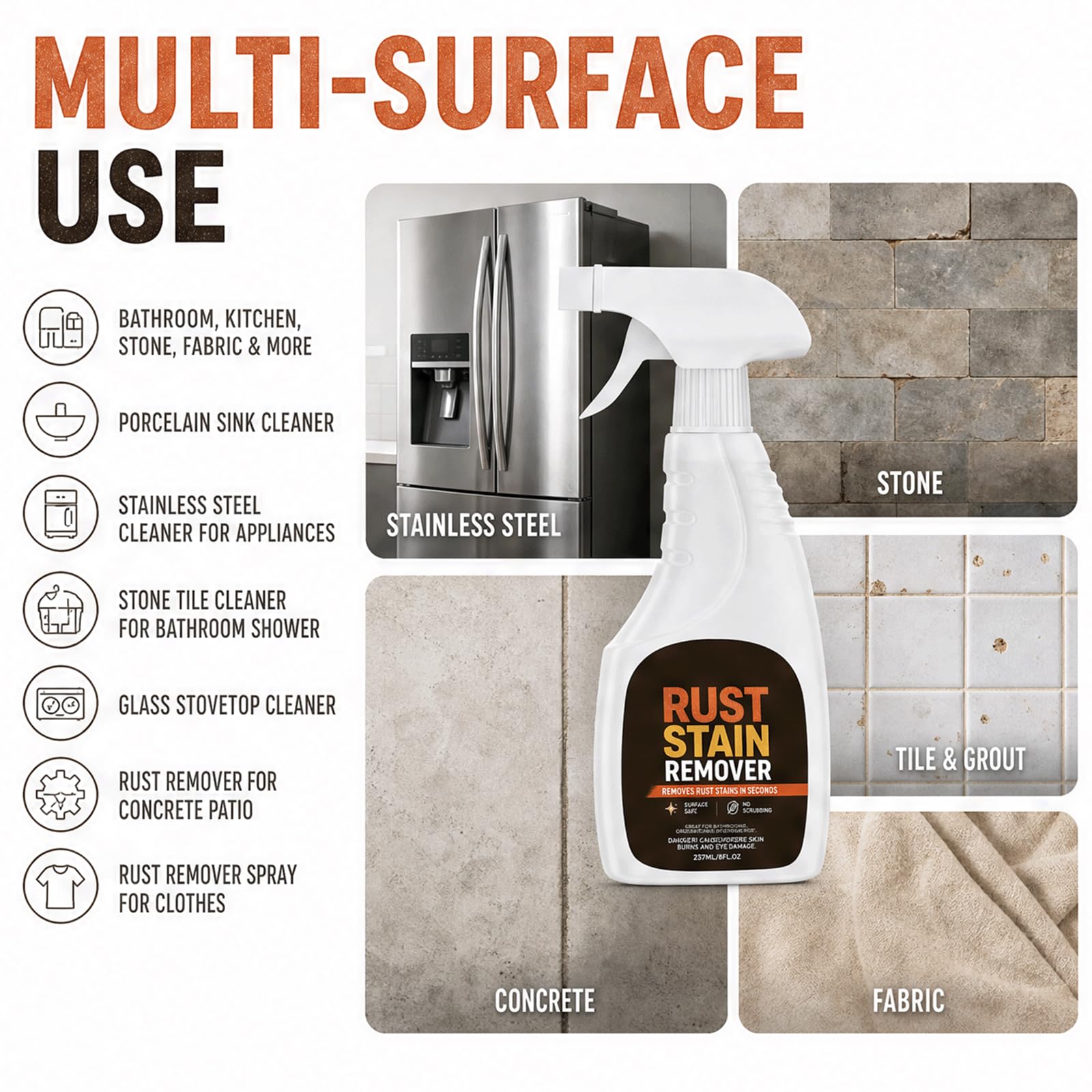 Rostentfernerspray für Metall und Edelstahl - Hartwasserfleckenentfernerspray für Bad und Glas, präzise Wasserflecken.- Multi-Surface Rostreiniger und Poliersprays aus Edelstahl (3 STÜCKE)