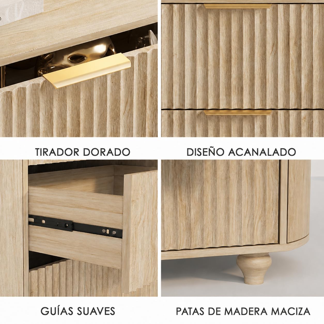 ZKIODV Ovalada Mesita de Noche con Enchufes, LED Mesita de Noche con 3 Cajones, Moderna Mesilla de Noche Grande, iluminación LED 3, USB y USB-C, Mesilla Madera Dormitorio, 65 x 80 x 45 cm (Roble)