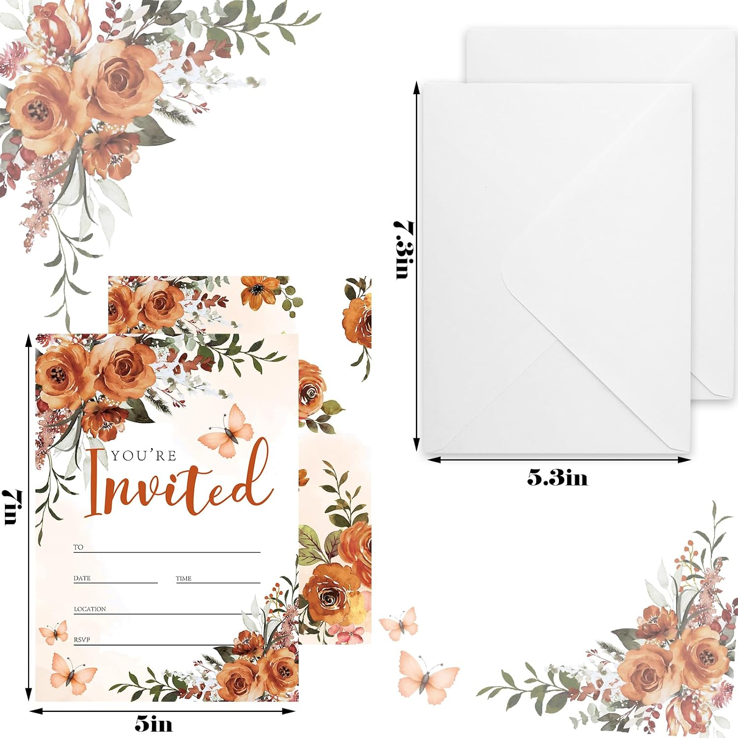 JarThenaAMCS 25Pcs Watercolor Floral Invitations with Envelopes Orange Rose Invitation Cards Flower Fill in Blank Party Invites for Wedding Birthday Supplies, 5 x 7 Inch