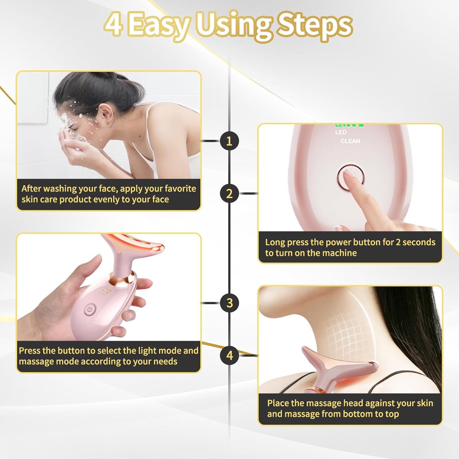 Face Light Therapy Device, Based on Triple Action LED, Thermal, and Vibration Technologies, Face and Neck Beauty Device with 7 Color LED for Home Use, Improve Skin(Glossy Pink) - Image 5