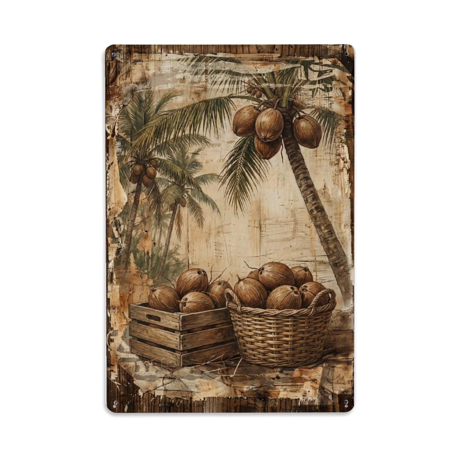 Coconut Palm Harvest Brown Fruit Countryside Tree Metal Tin Sign Plaque Wall Decor for Cafe, Club Bar, Office, Home Garden Metal Poster 8x12Inch