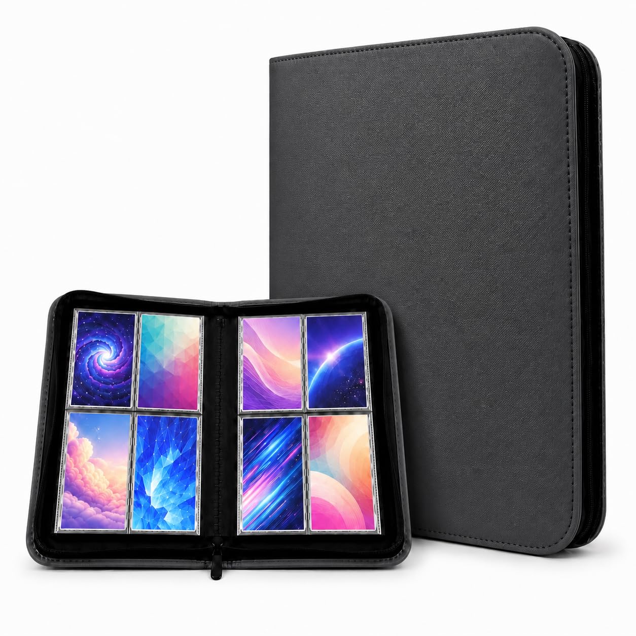 4 Pocket Card Binder, 160 Pockets Ringless PU Trading Card Binder with Zipper for TCG, MTG, Sports Cards, Game Cards, Side-Loading Binder (Black)