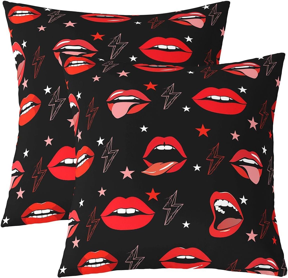 Red Lip Throw Pillow Covers (Pack of 2),Anime Lightning Print Cushion Cover for Kids Girls Boys Trendy Stars Pattern Pillow Cases Coquette Pink Black Living Room Sofa Bed Decor ,16"Lx16"W