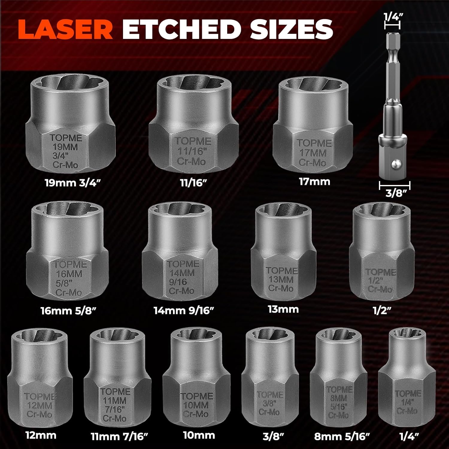 Bolt Extractor Kit,14 Piece Impact-Grade CR-MO Steel Nut Remover Set, 3/8" Drive Socket for Removing Frozen/Rusted/Rounded Bolts & Lug Nuts (Sizes 8-19mm),Automotive & Machinery Repair