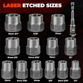 Bolt Extractor Kit,14 Piece Impact-Grade CR-MO Steel Nut Remover Set