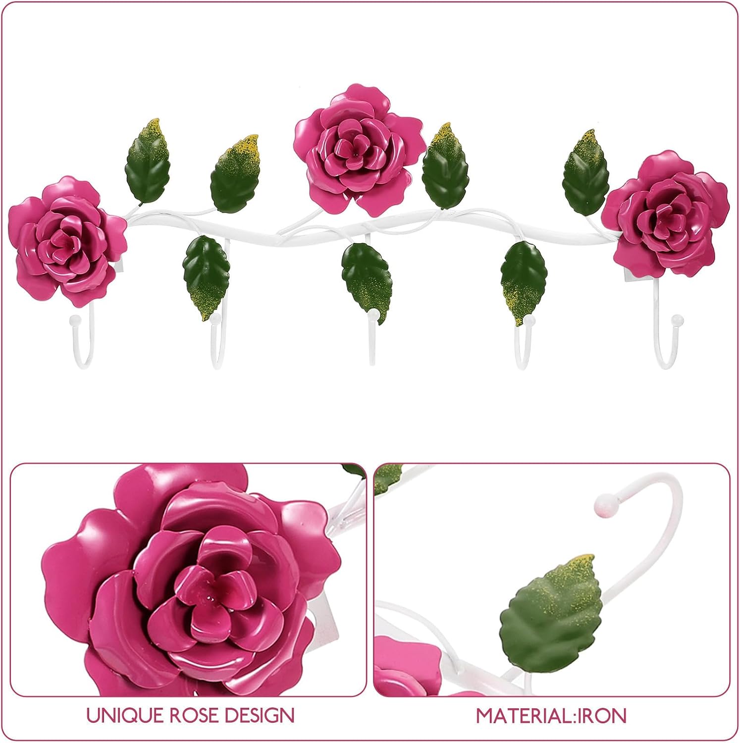 Vintage Rose Wall Hook Rack Iron Multiple Hooks Hat Hanger and Key Hanger with Unique Delicate Design for Room Home Storage and Organization image 3