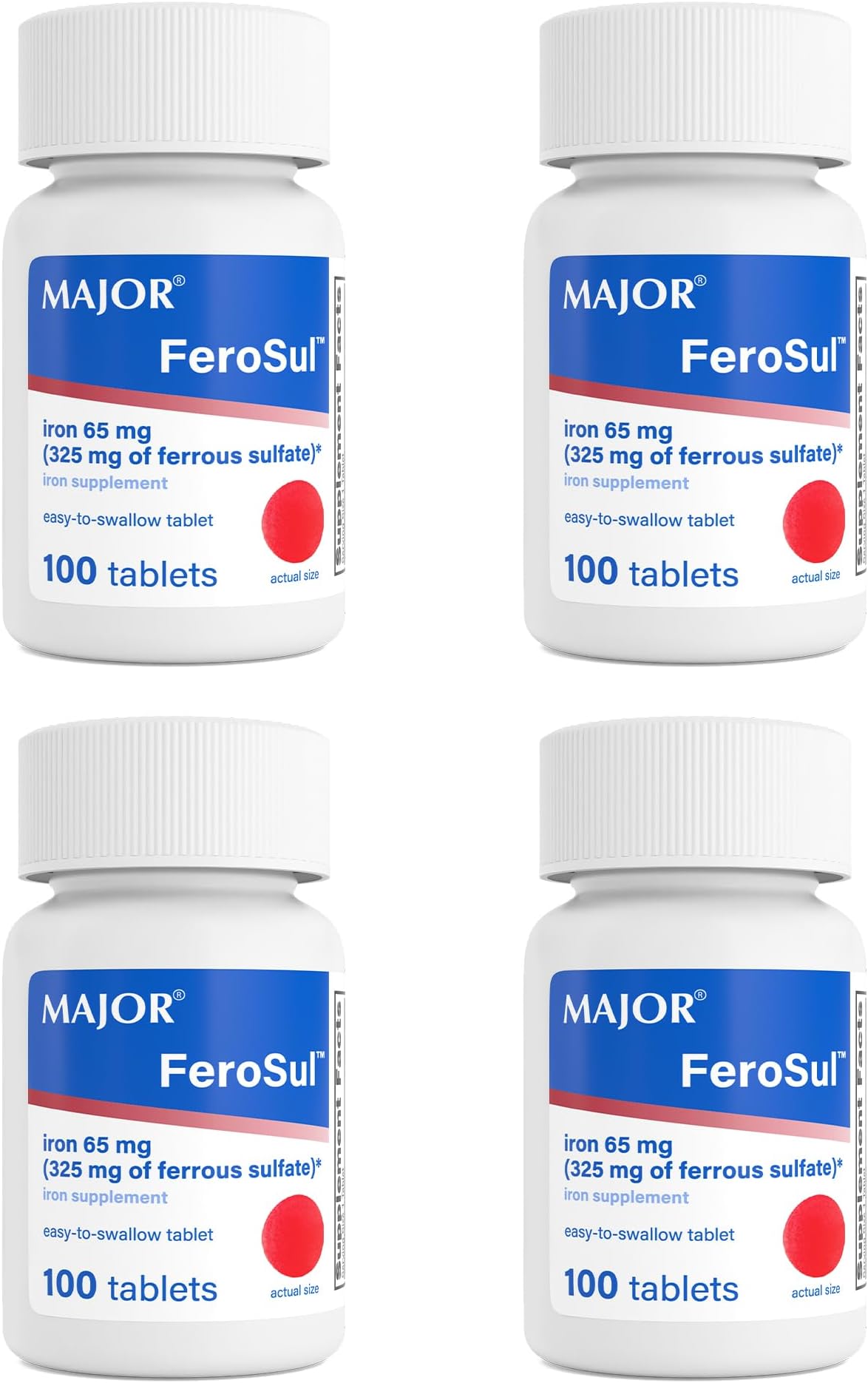 Major Ferosul - Ferrous Sulfate 325mg Tablets with 65mg of Elemental Iron - Iron Supplement for Women, Men - Red - 100 Count (4 Pack)