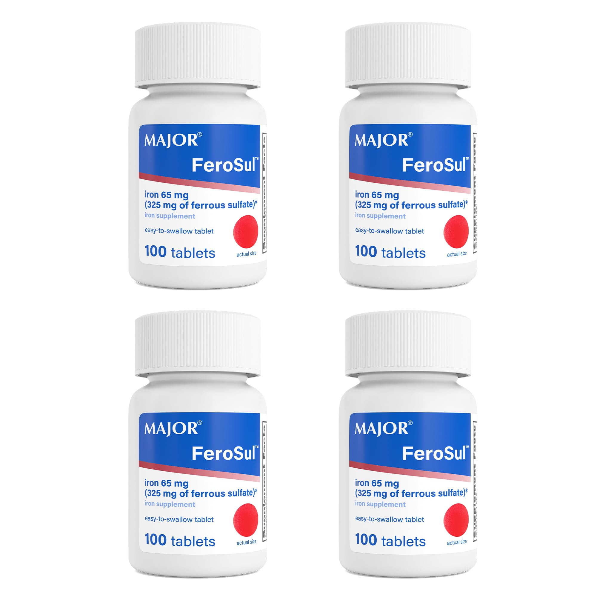 Major Ferosul - Ferrous Sulfate 325mg Tablets with 65mg of Elemental Iron - Iron Supplement for Women, Men - Red - 100 Count (4 Pack) 100 Count (Pack of 4)