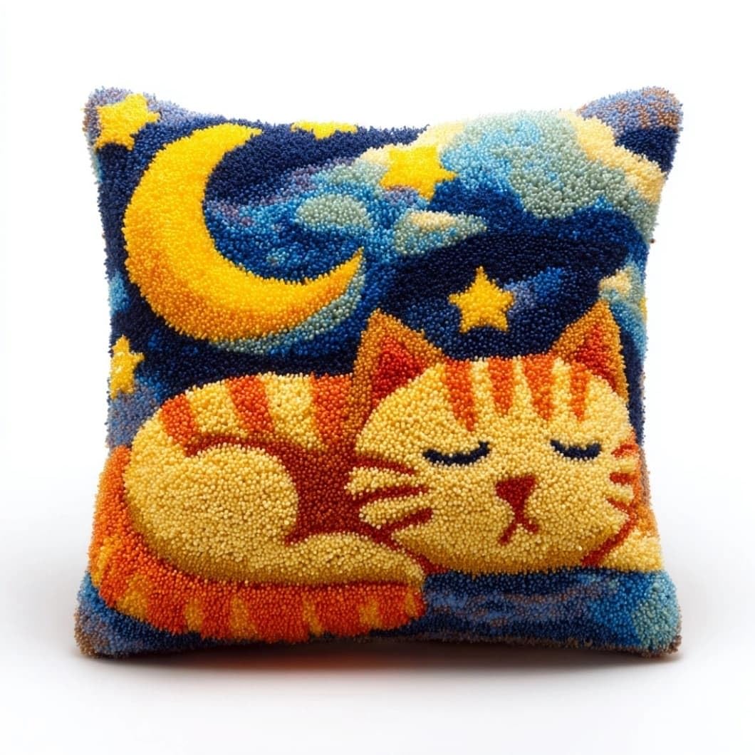 Taxpy DIY Latch Hook Pillow Kit Starry Sky Moon Cat 17X17 Inch