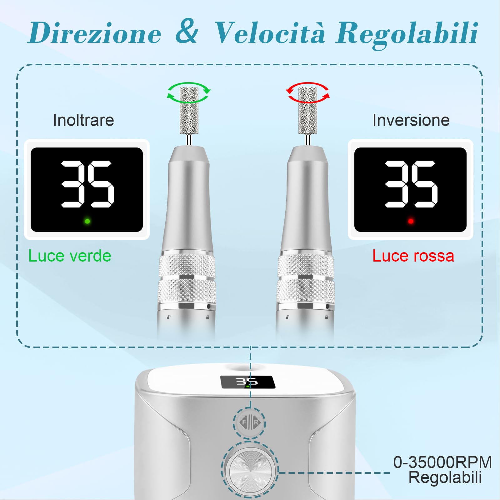 Kredioo Fresa per Unghie Professionale 35000RPM, Fresa Unghie, Lima Per Unghie Elettrica, Manicure e Pedicure, Trapano Elettrico per Rimozione Gel/Smalto, Argento