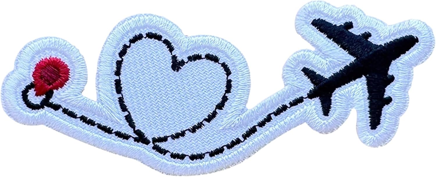 Airplane Route Plane Heart 3 Inches Embroidery Patch, Iron On/Sew On Travel Embroidered Applique Patch, Travel Patches, Fabric Patches for Clothes Backpacks Hats, Cute DIY Accessories Gifts