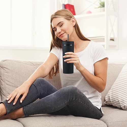 Miniatura 6 de MEWAY Paquete de 4 vasos delgados de 20 onzas de acrílico de doble pared con tapa y popote, vasos de plástico reutilizables de color pastel mate con