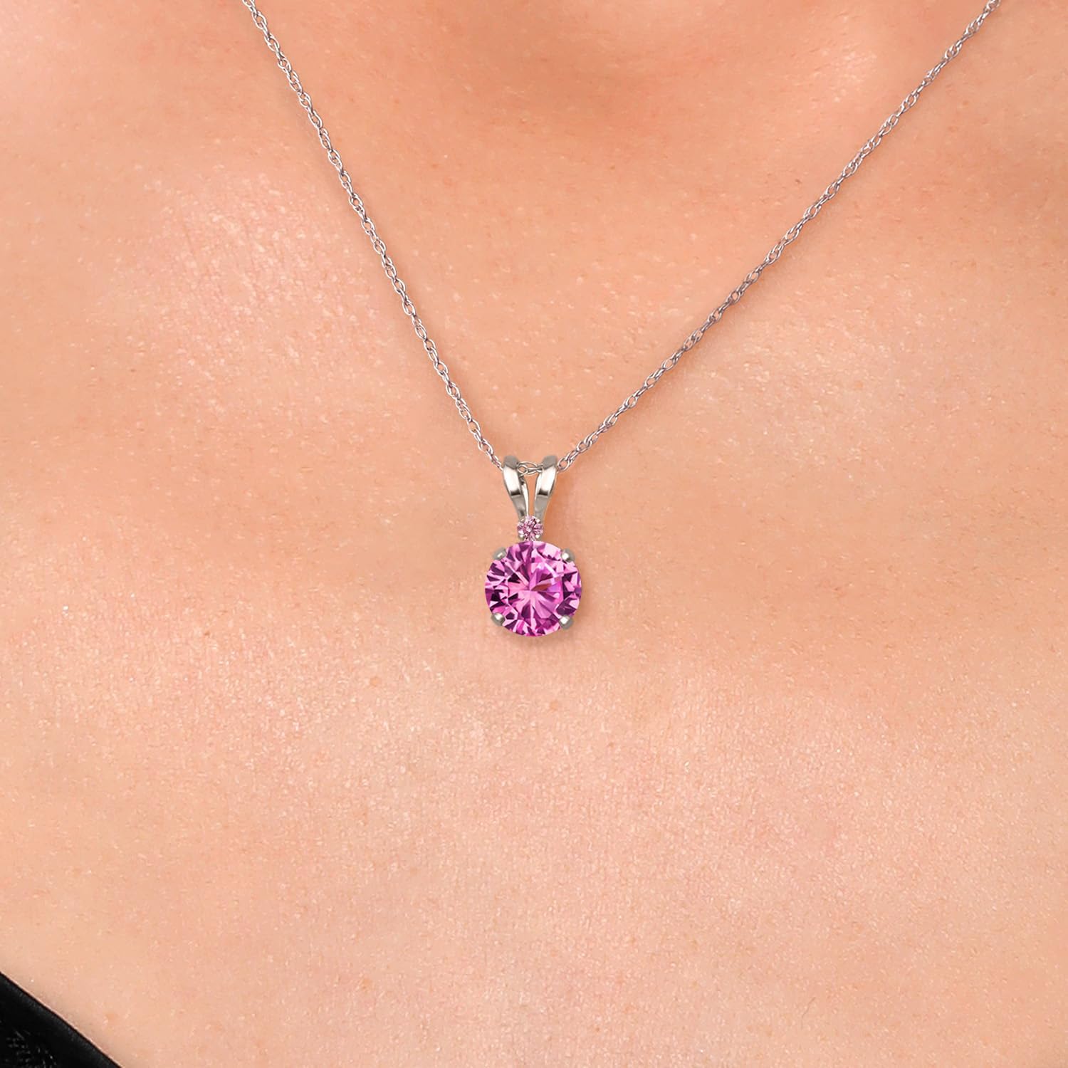 Gem Stone King 14K White Gold Pink Created Sapphire and Pink Lab Grown Diamond Pendant Necklace for Women | 1.02 Cttw | Gemstone September Birthstone | Round 6MM | With 18 Inch Chain - Image 3