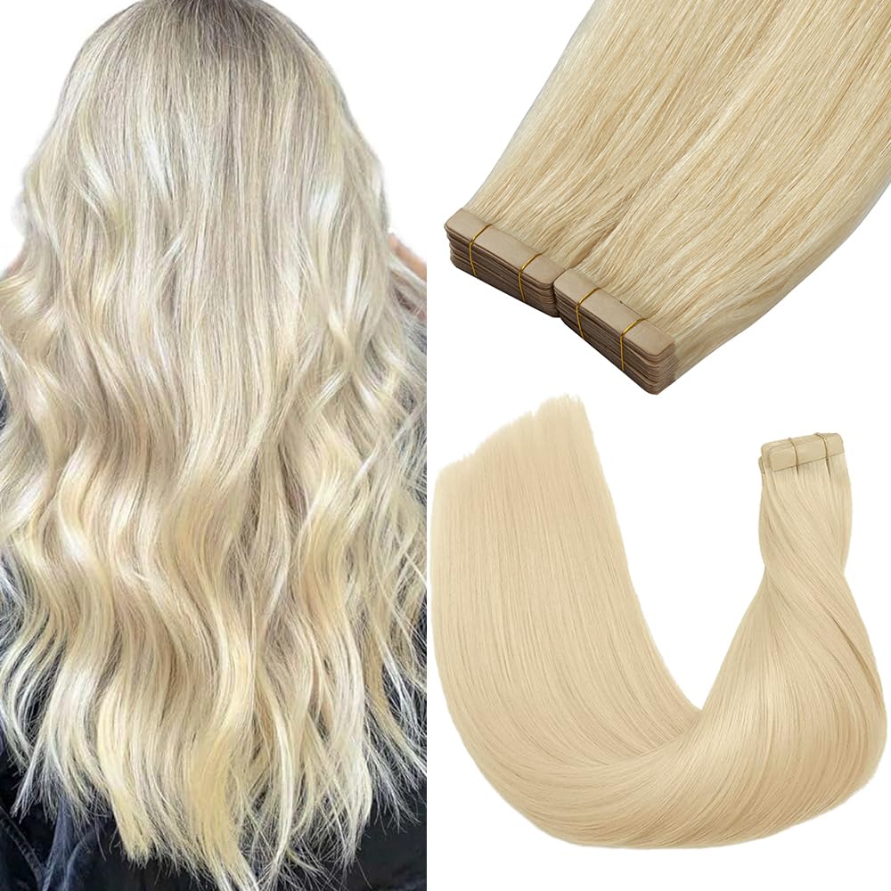 YDDM Tape in Hair Extensions, 20pcs 18 Inch Platinum Blonde 100% Remy Human Hair Straight Seamless Invisible Tape in Hair Extensions Human Hair(60, 18 Inch)
