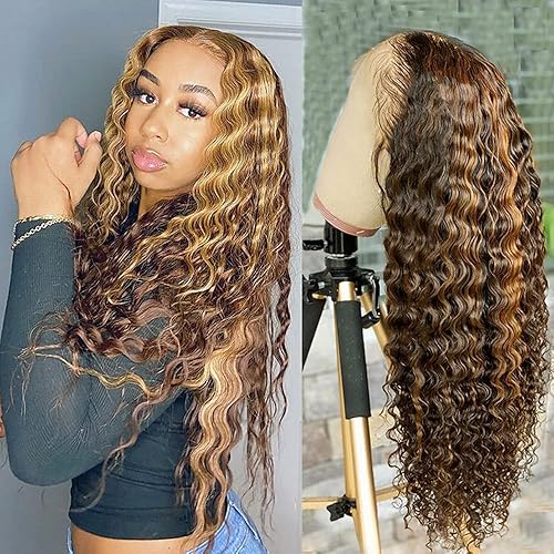 Oulaer Wig Deep Wave Curly Wig HD Transparent 13x4 Lace Front Human Hair Wig Pre Plucked With Baby Hair Bleached Knots Brazilian Virgin Hair Glueless Wig (14 Inch, T4/27)