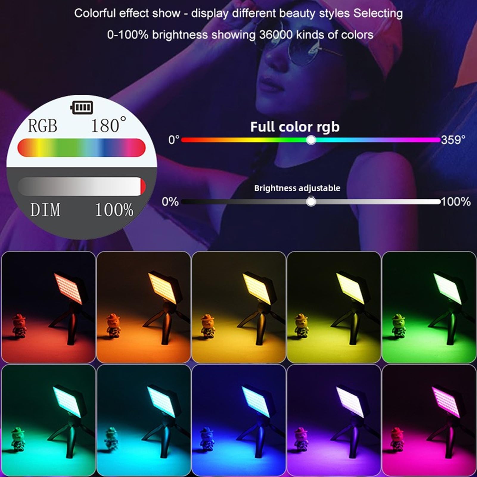 Denash Luz de Video RGB, Luz de Fotografía Portátil, a Todo Color 1800-9000K 20 Efectos de la Escena 2600mAh Recargable para Vlog Video Conference 15W, con Modo RGB
